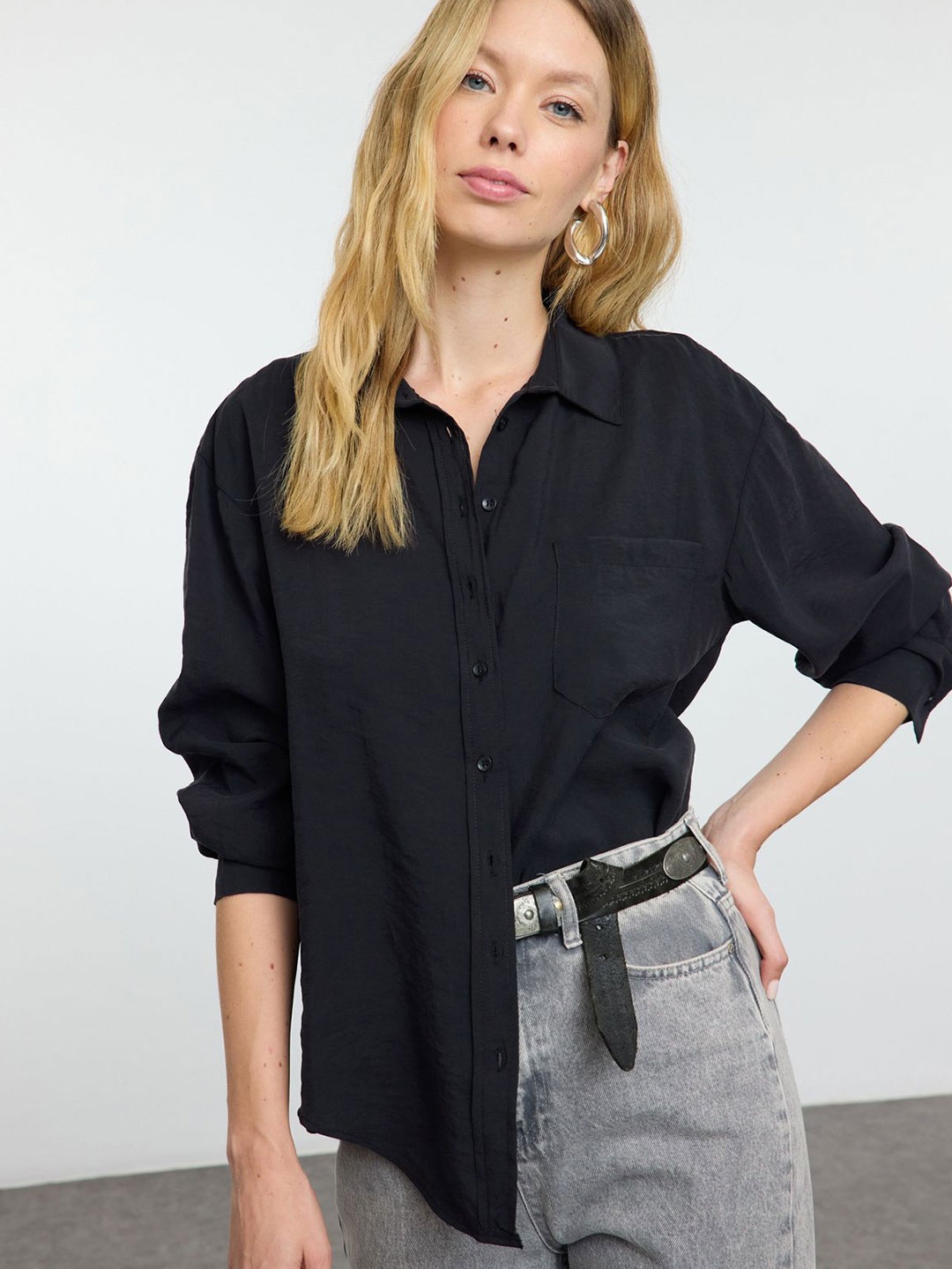 

Trendyol Women Oversized Fit Spread Collar Solid Casual Shirt, Black