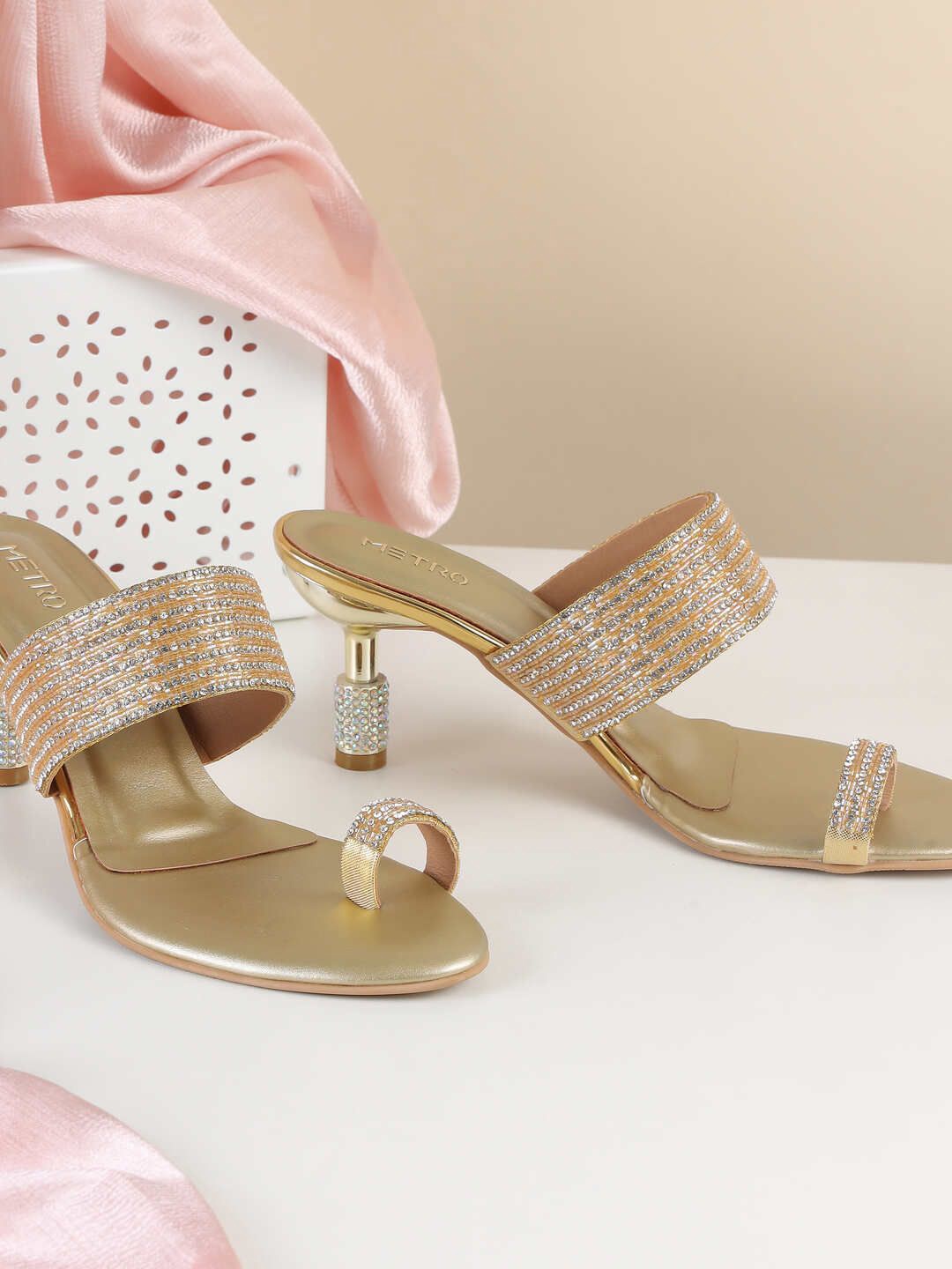 

Metro Women Embellished Block Heel Sandals, Gold