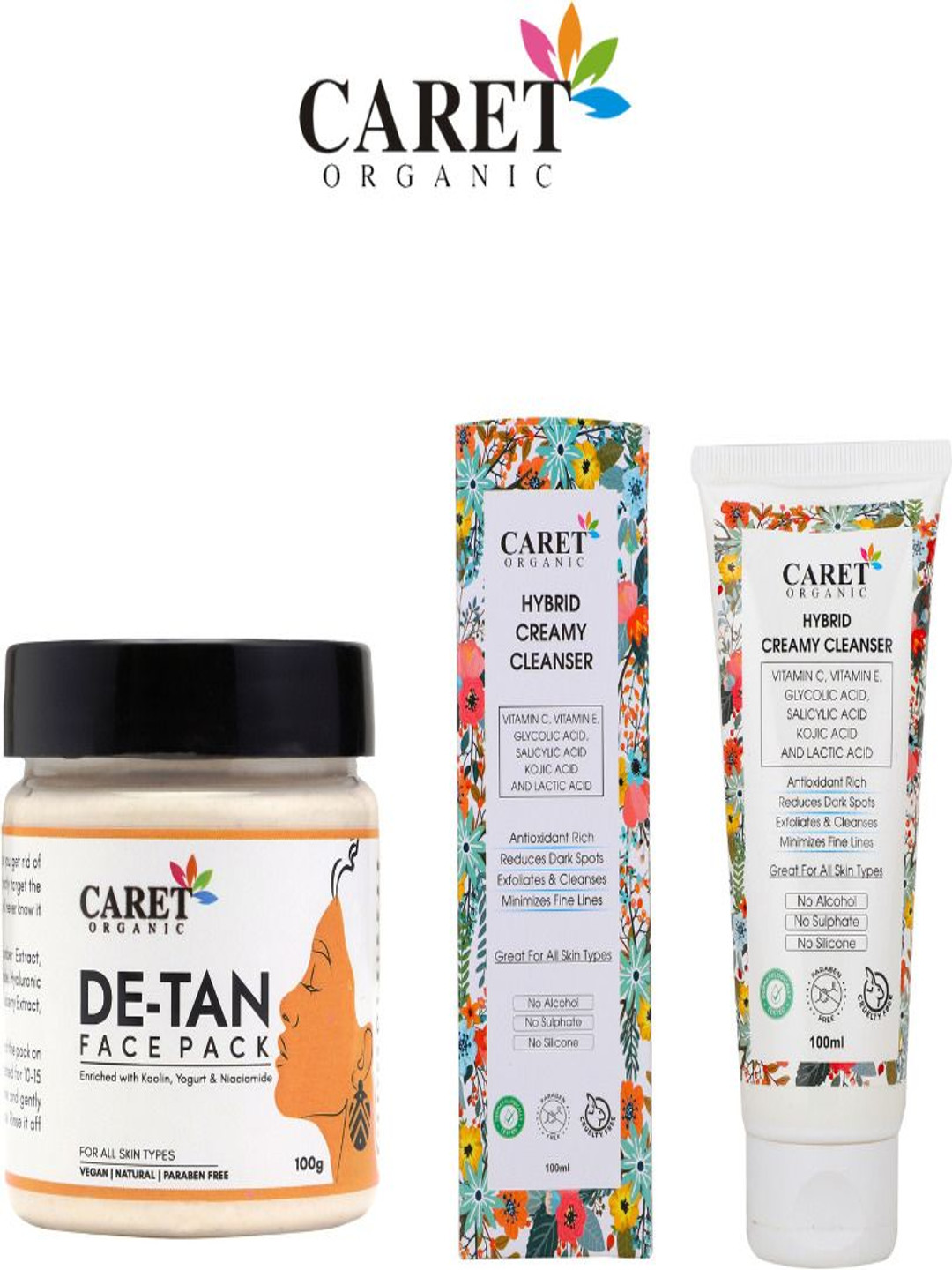 

CARET ORGANIC Set Of De-Tan Facepack- 100 g & Hybrid Creamy Cleanser- 100 ml, Multi