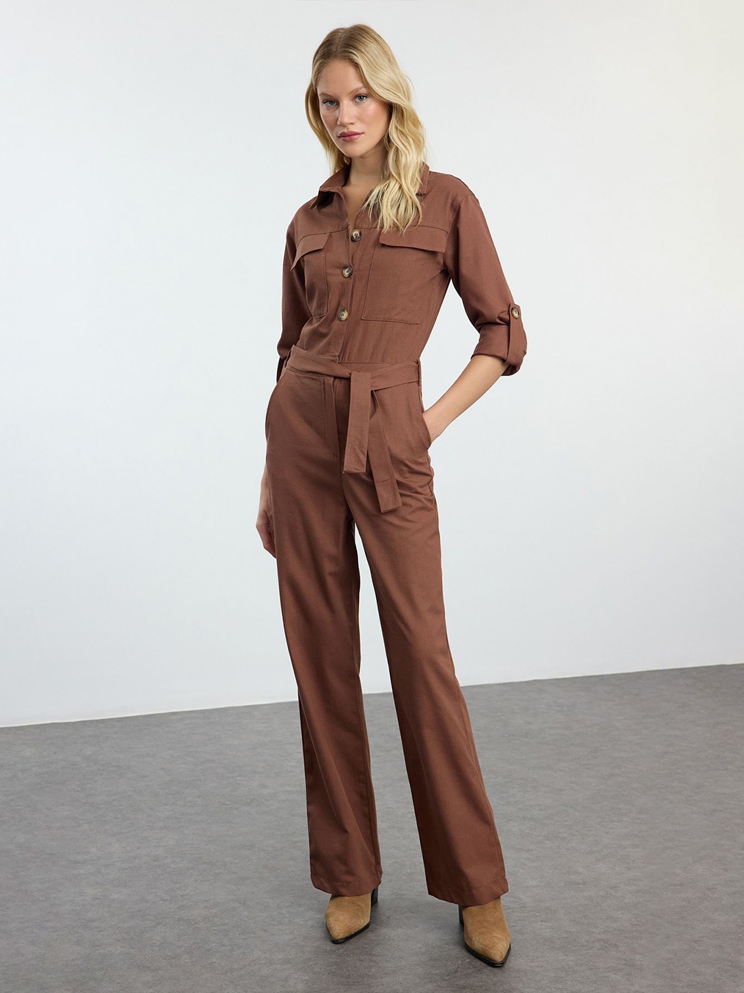 

Trendyol Women Shirt Collar Cotton Basic Jumpsuit, Brown