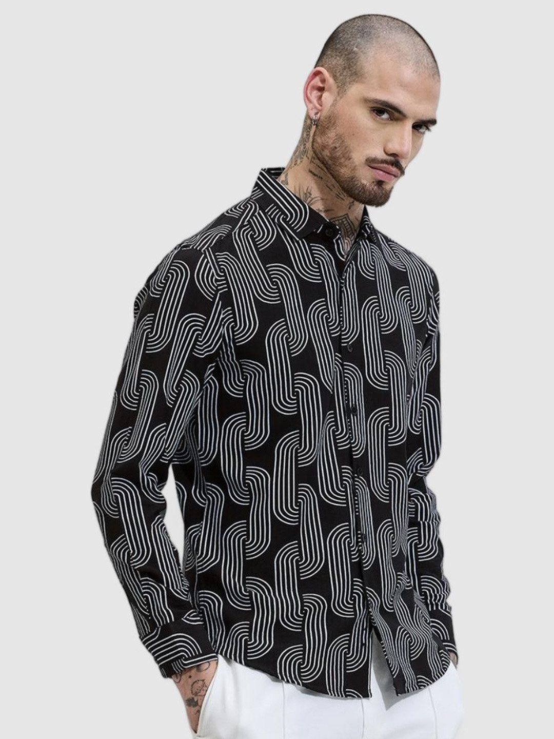 

Snitch Men Smart Slim Fit Spread Collar Abstract Printed Casual Shirt, Black