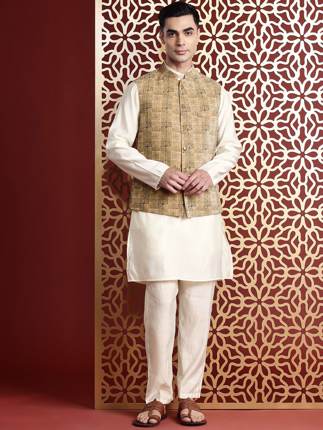 

MANQ Ethnic Motifs Printed Sequinned Nehru Jacket, Beige