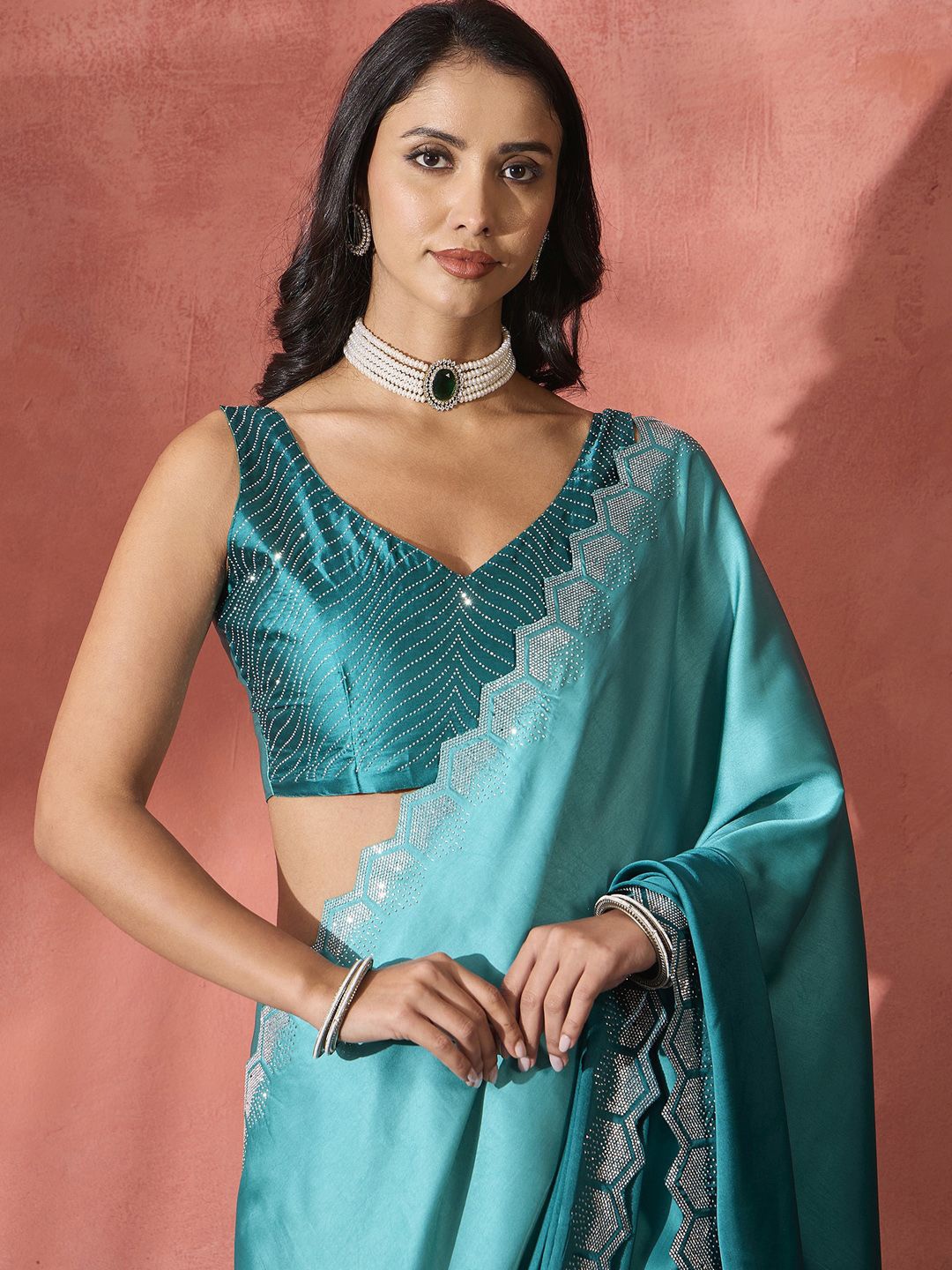 

Sangria Women Embellished Party Wear Saree With Unstitched Blouse, Teal