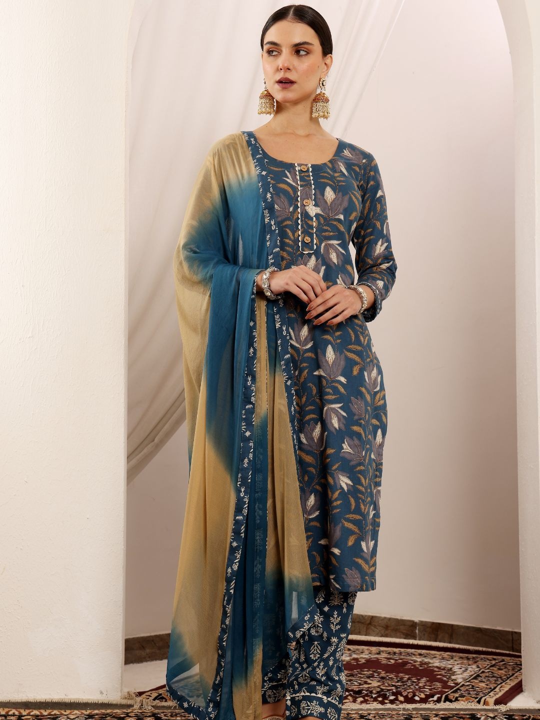 

Lative Colours of Fashion Floral Printed Pure Cotton Kurta With Trousers And Dupatta, Blue