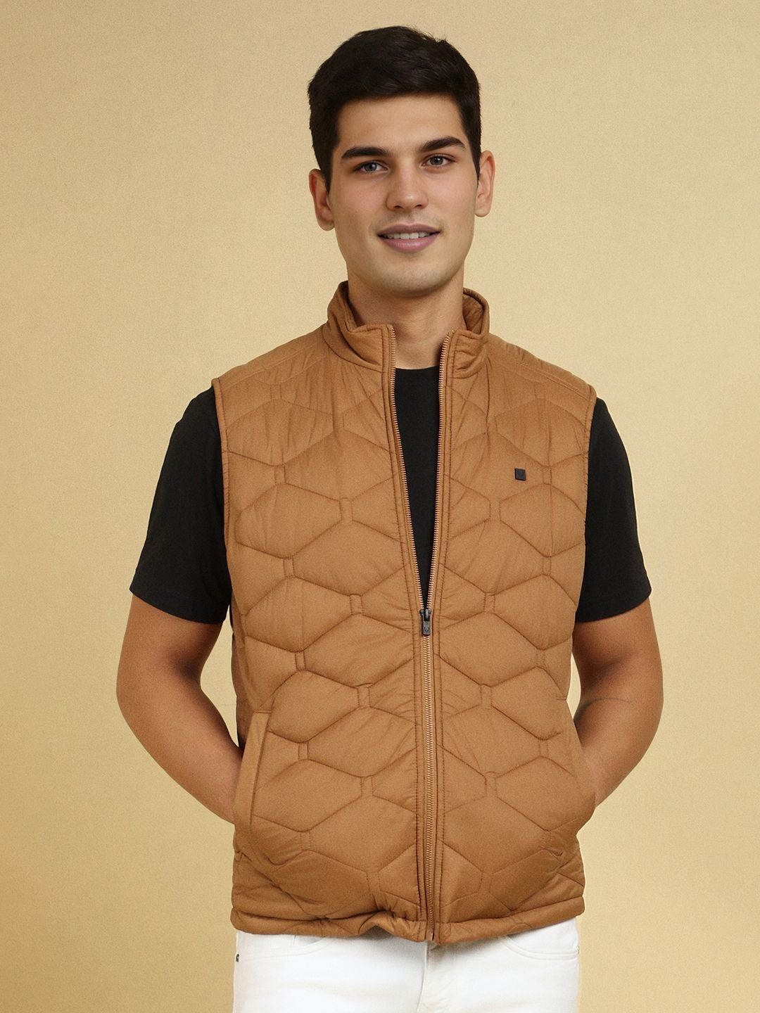 

Allen Solly Men Stand Collar Solid Casual Gilet Jacket, Tan