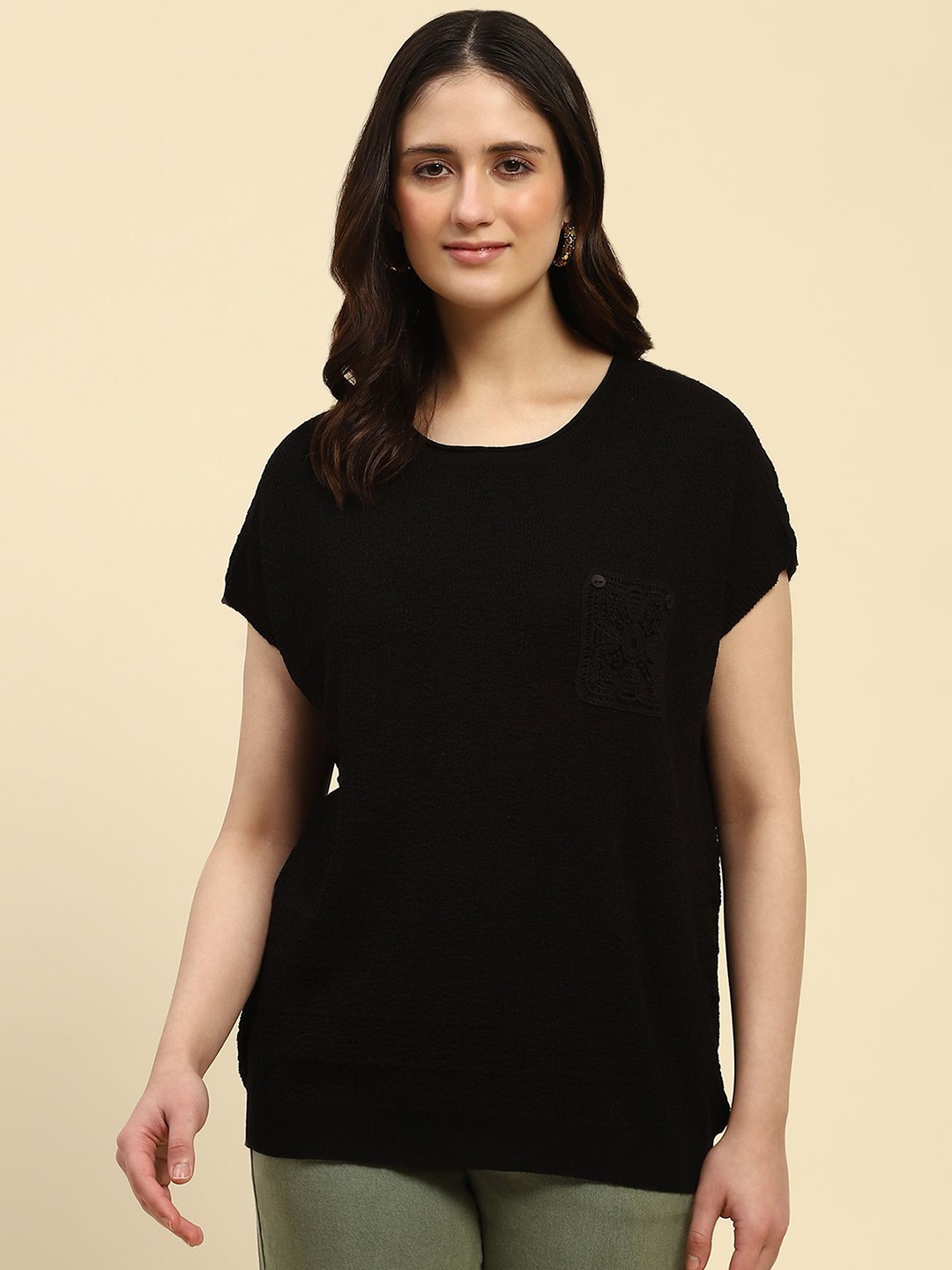 

Global Republic Women Embroidered Longline Top, Black