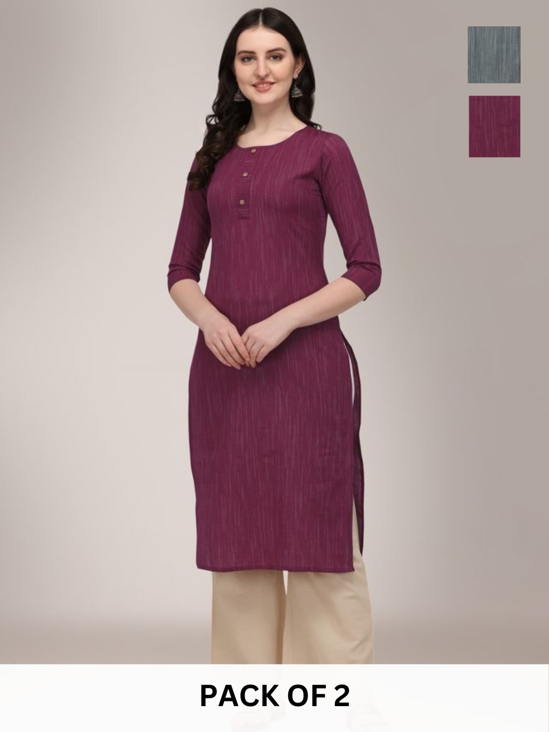 

KALINI Selection Of 2 Woven Round Neck Straight Kurtas, Maroon