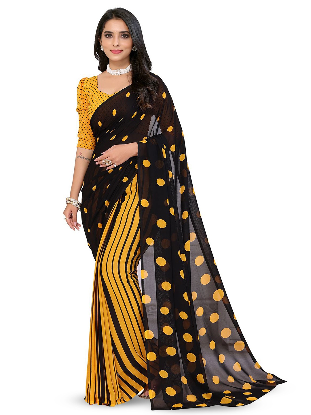 

Moda Rapido Women Polka Dots Printed Saree, Black