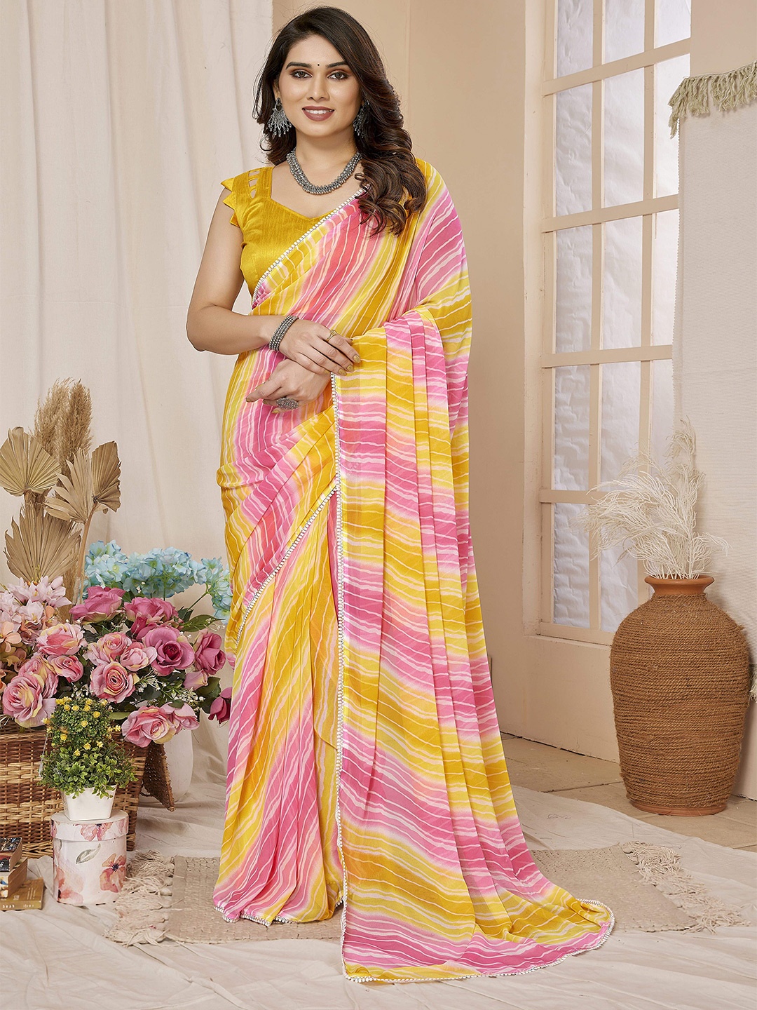 

Munir Leheriya Printed Ready to Wear Saree, Yellow