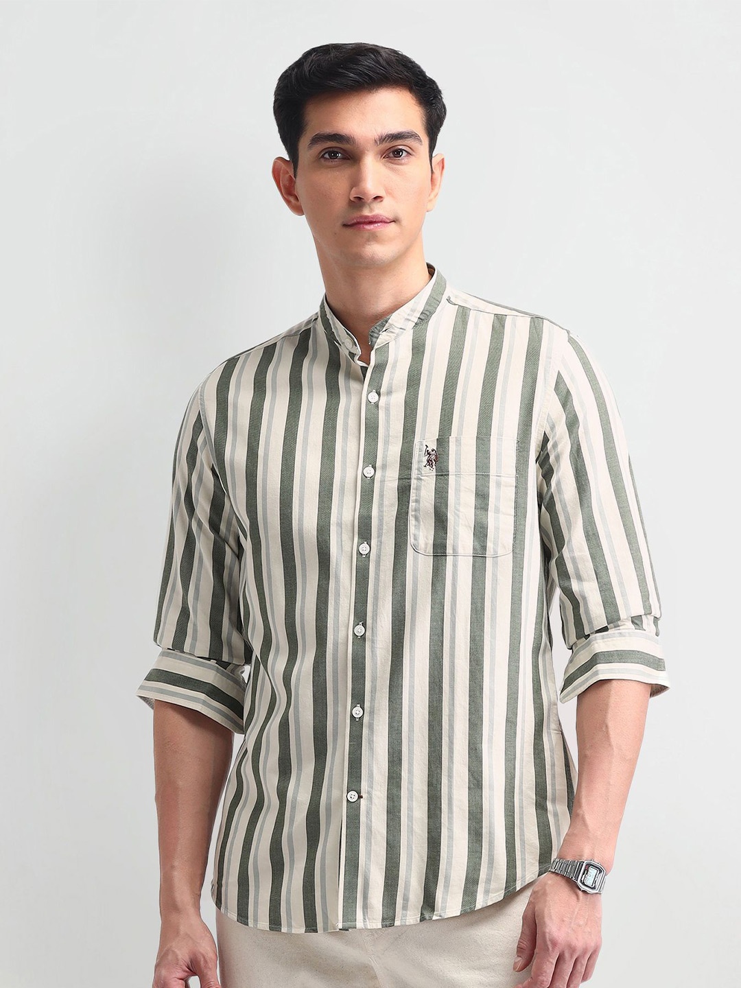 

U.S. Polo Assn. Denim Co. Men Manhattan Fit Vertical Striped Cotton Casual Shirt, Green