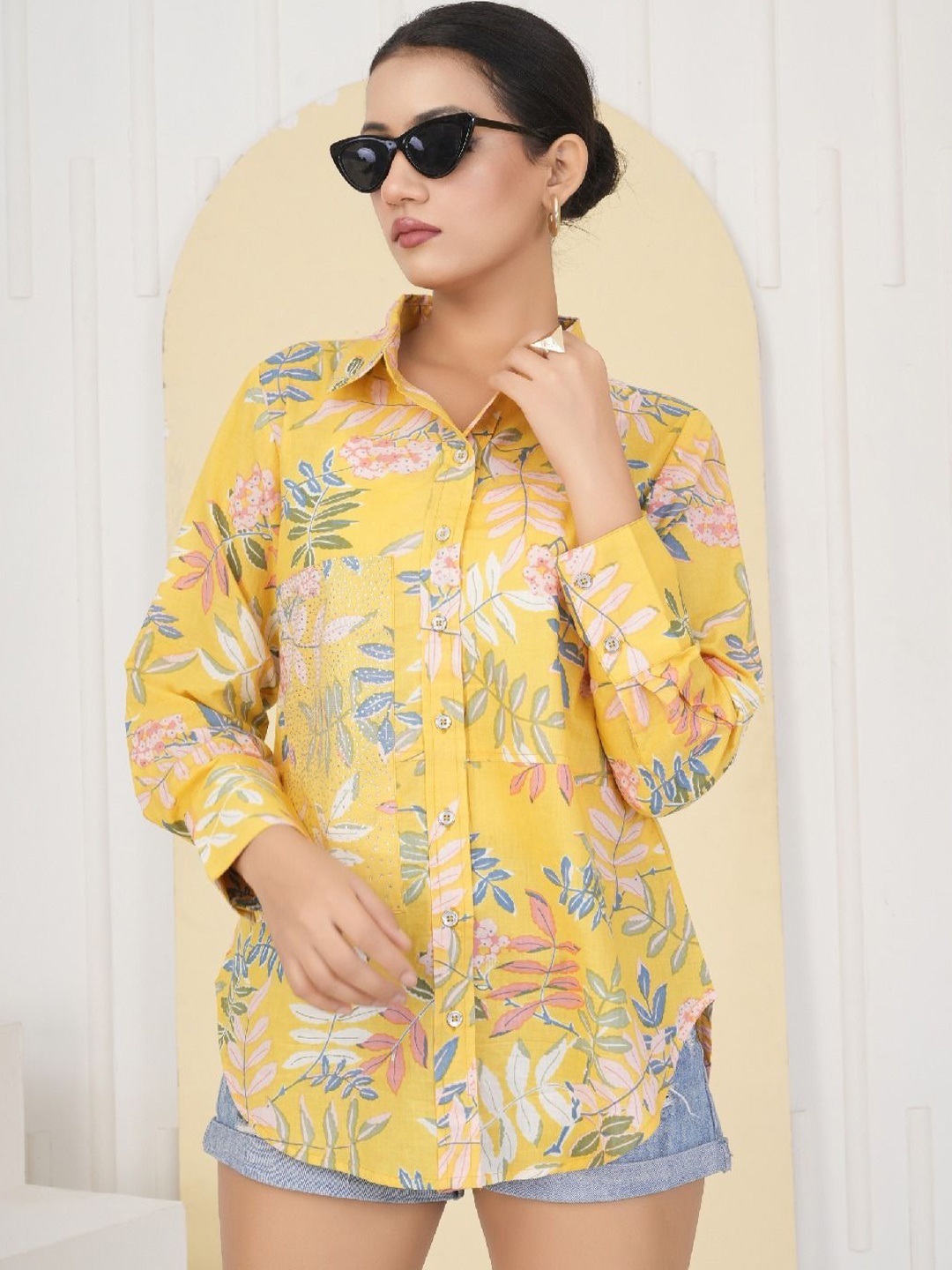 

Kaftanize Women Comfort Fit Spread Collar Floral Printed Cotton Casual Shirt, Yellow