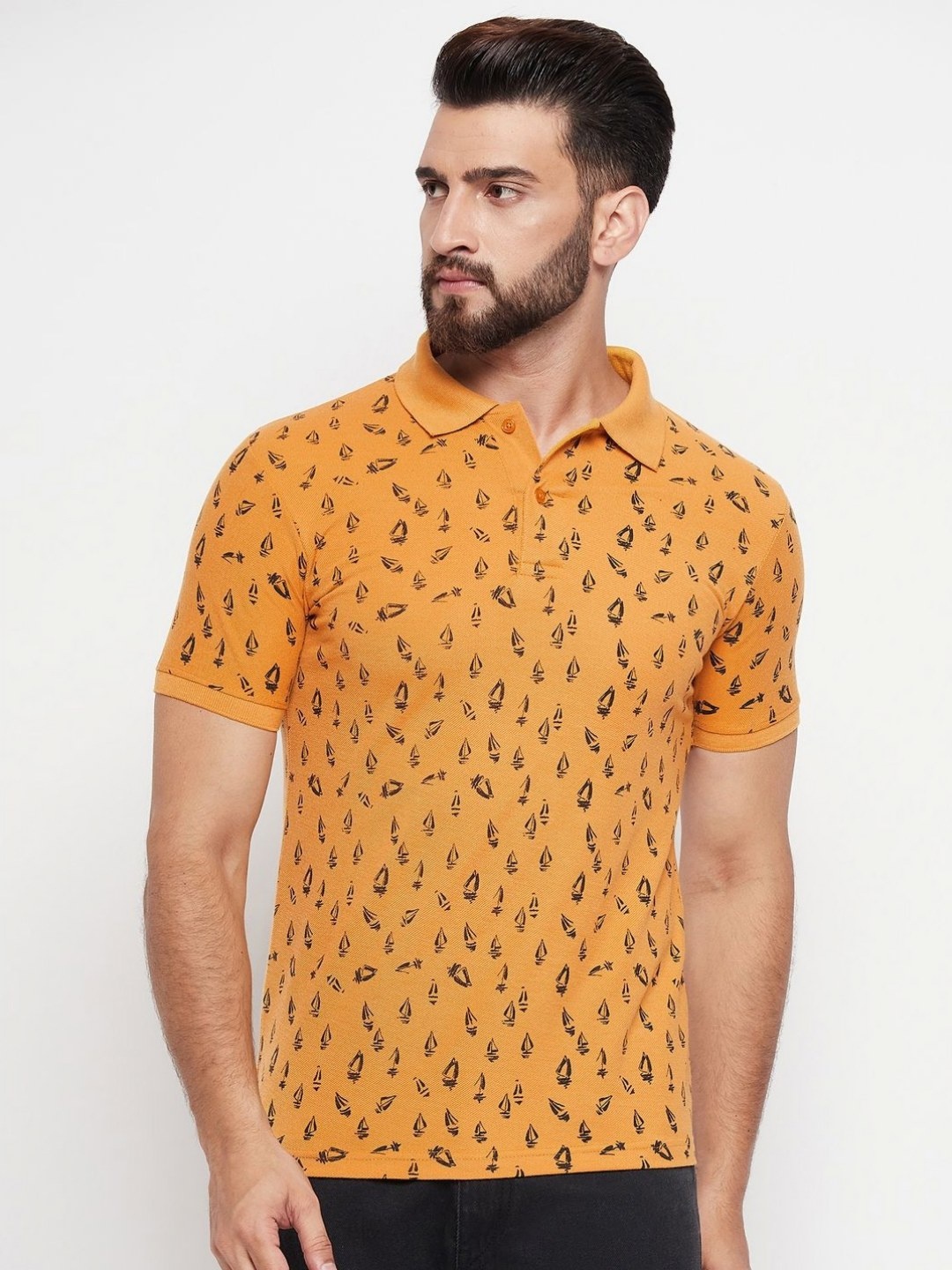 

MXN Men Conversational Printed Polo Collar Cotton T-shirt, Mustard