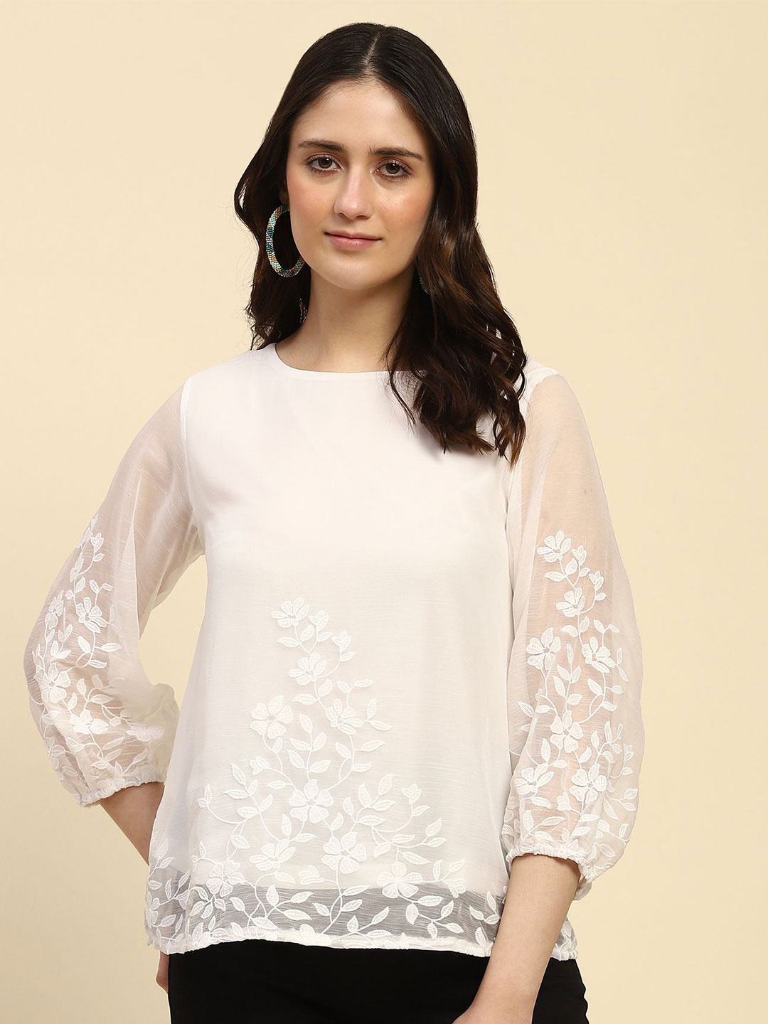 

Global Republic Women Embroidered Chiffon A-Line Top, White