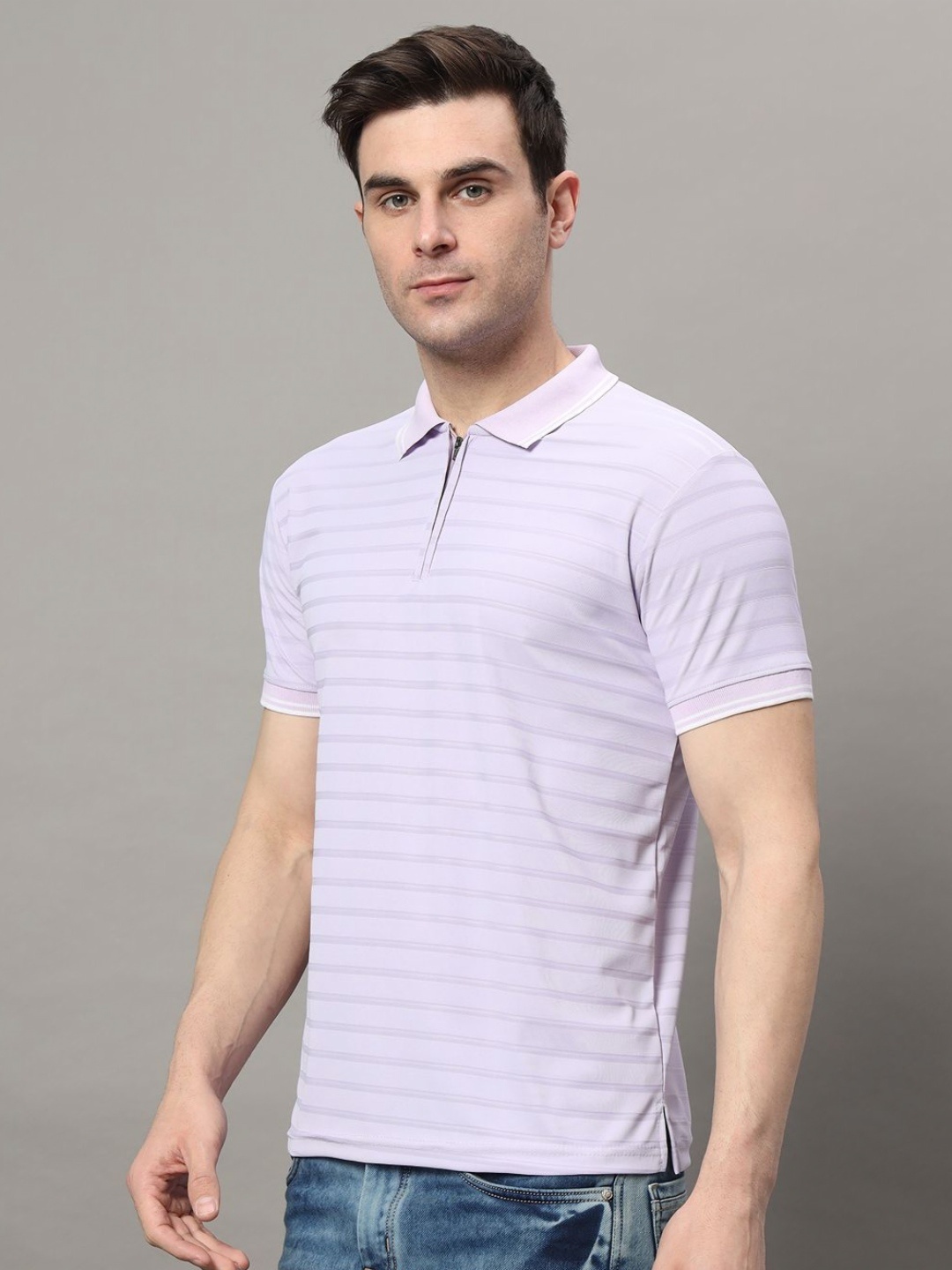 

RELANE Men Self Design Polo Collar Cotton T-shirt, Purple