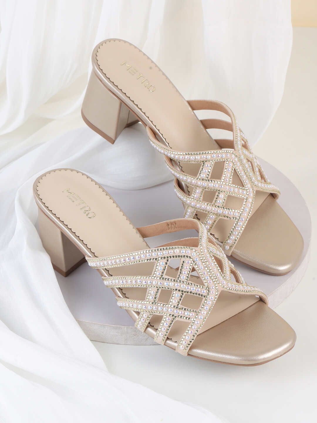 

Metro Women Embellished Block Heel Sandals, Gold