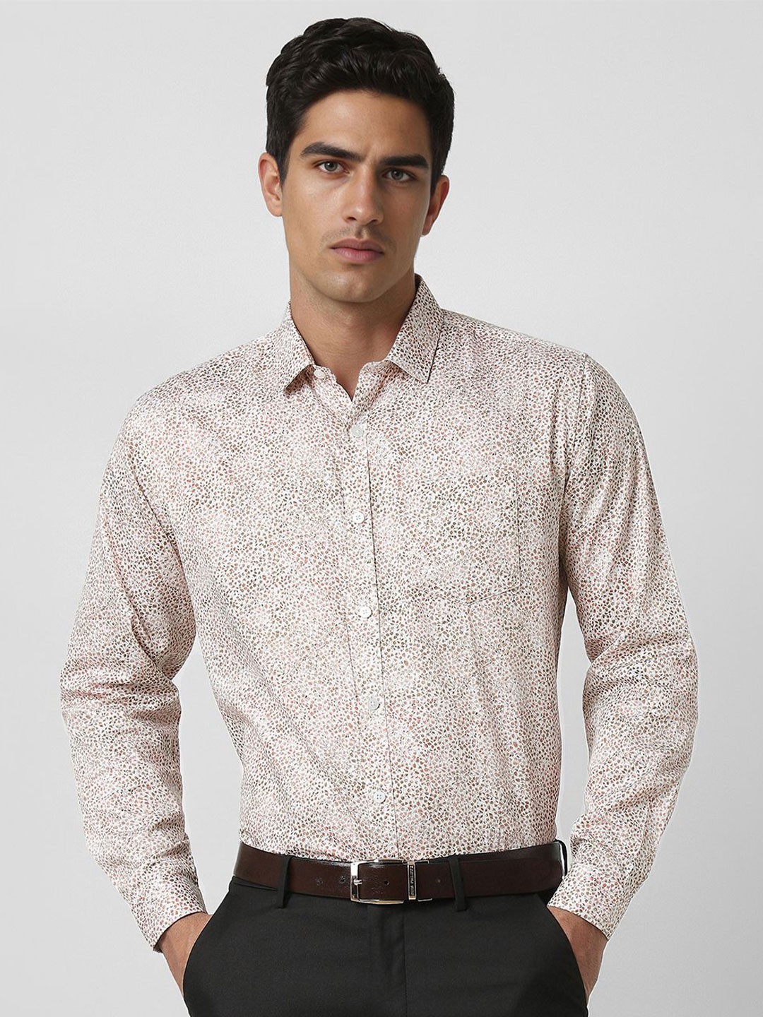 

V Dot Men Slim Fit Spread Collar Floral Printed Cotton Formal Shirt, Beige