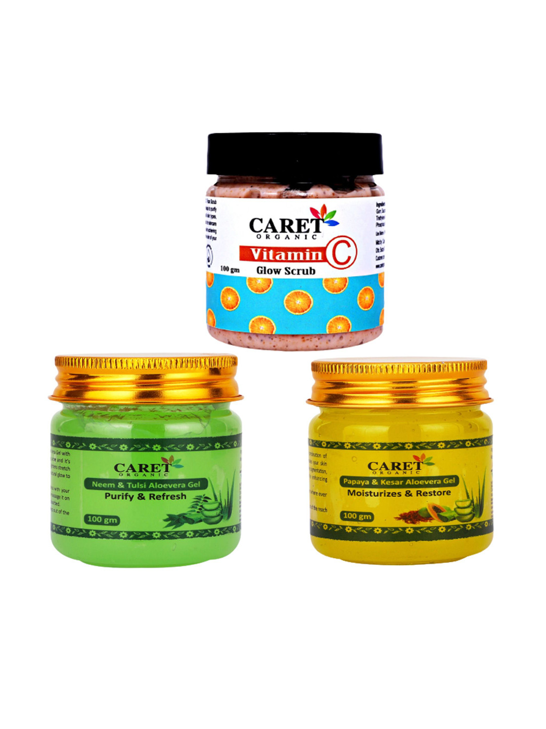 

CARET ORGANIC Set Of 3 Vitamin C Scrub, Aloevera & Neem Gel - 100 g Each, Multi
