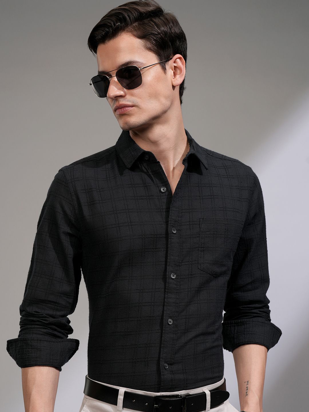 

HIGHLANDER Men Fancy Yarn Textured Checked Casual Shirt, Black