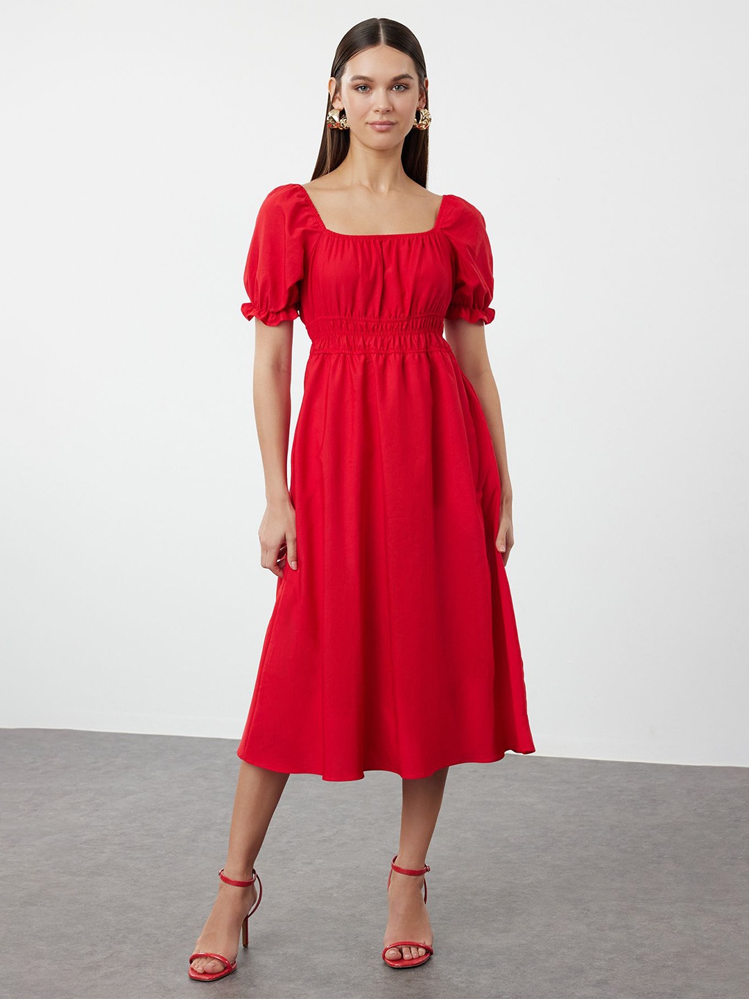 

Trendyol Square Neck Puff Sleeve Fit & Flare Midi Dress, Red