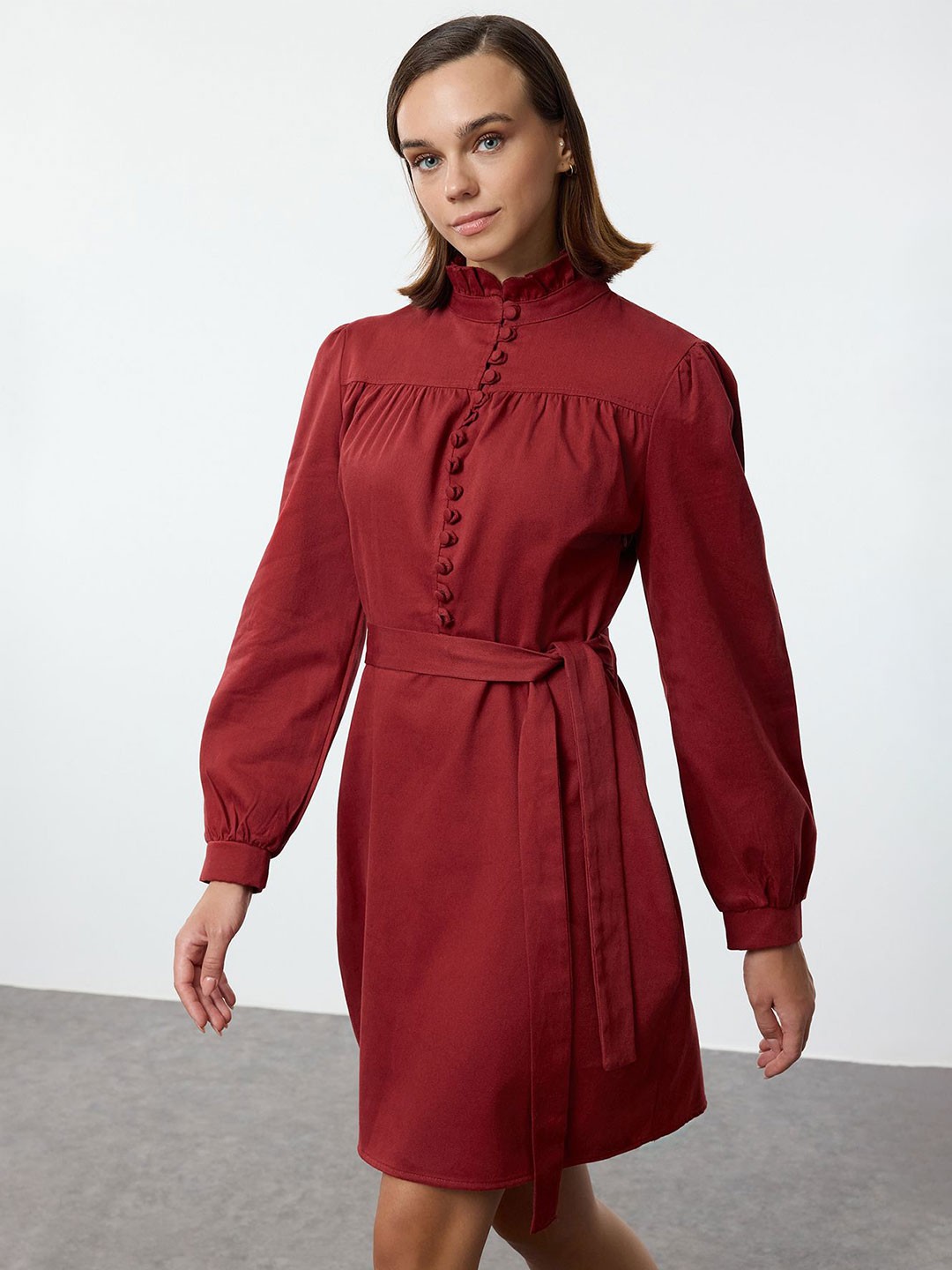

Trendyol Women Cuffed Sleeves Pure Cotton Fit & Flare Dress, Red
