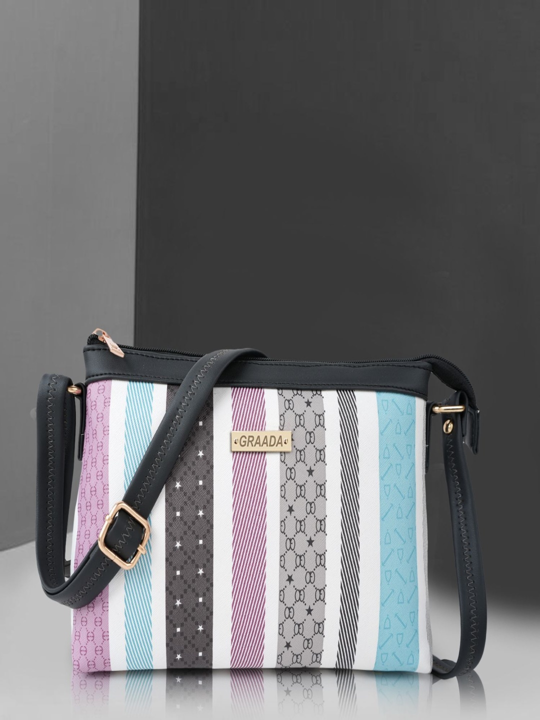 

GRAADA Women Striped Crossbody Leather Sling Bag, Black