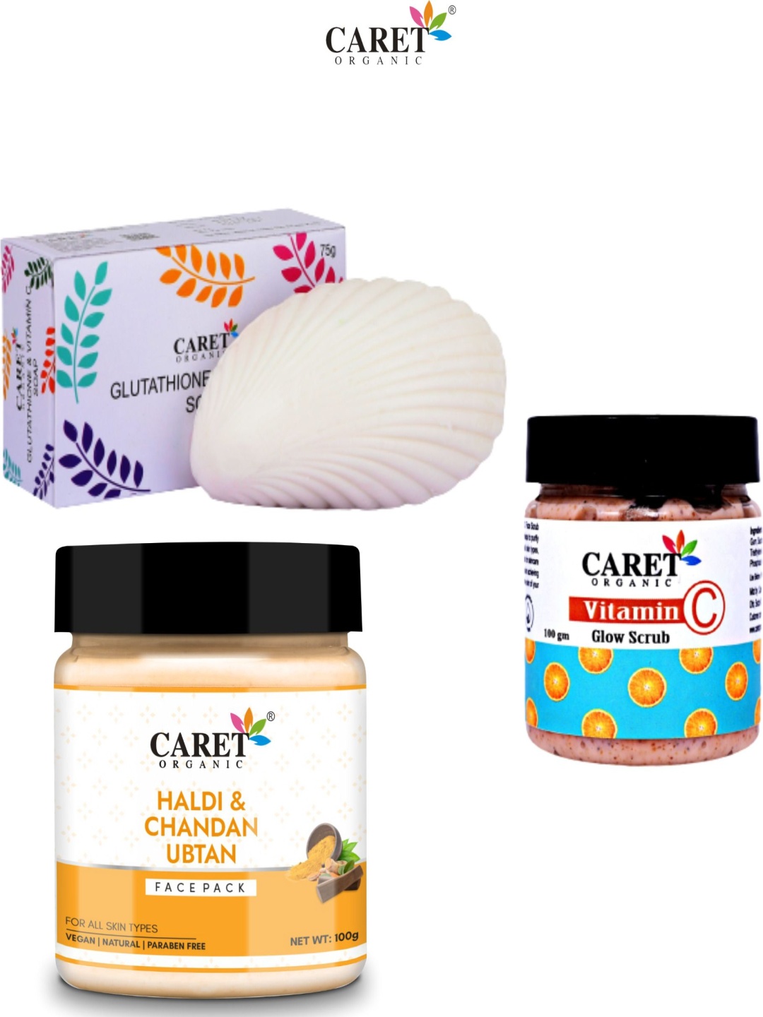 

CARET ORGANIC Set Of 3 Gluthathione Soap, Haldi Chandan Face Pack & Vitamin C Scrub, Multi