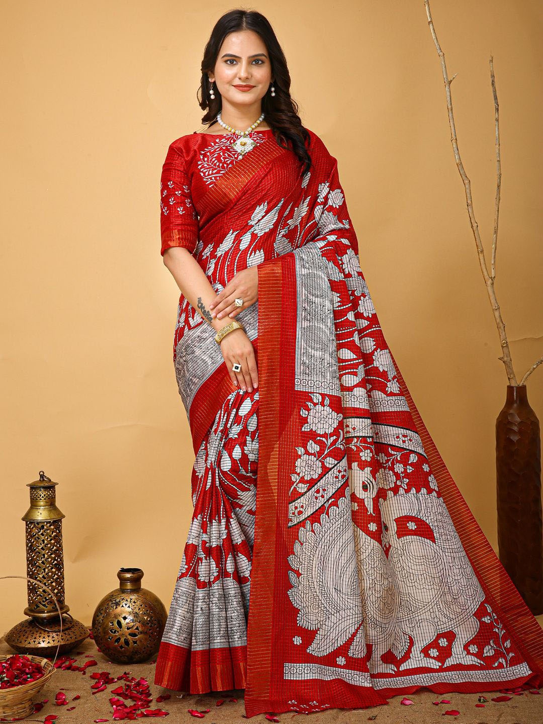 

KALINI Kalamkari Sungudi Saree, Red