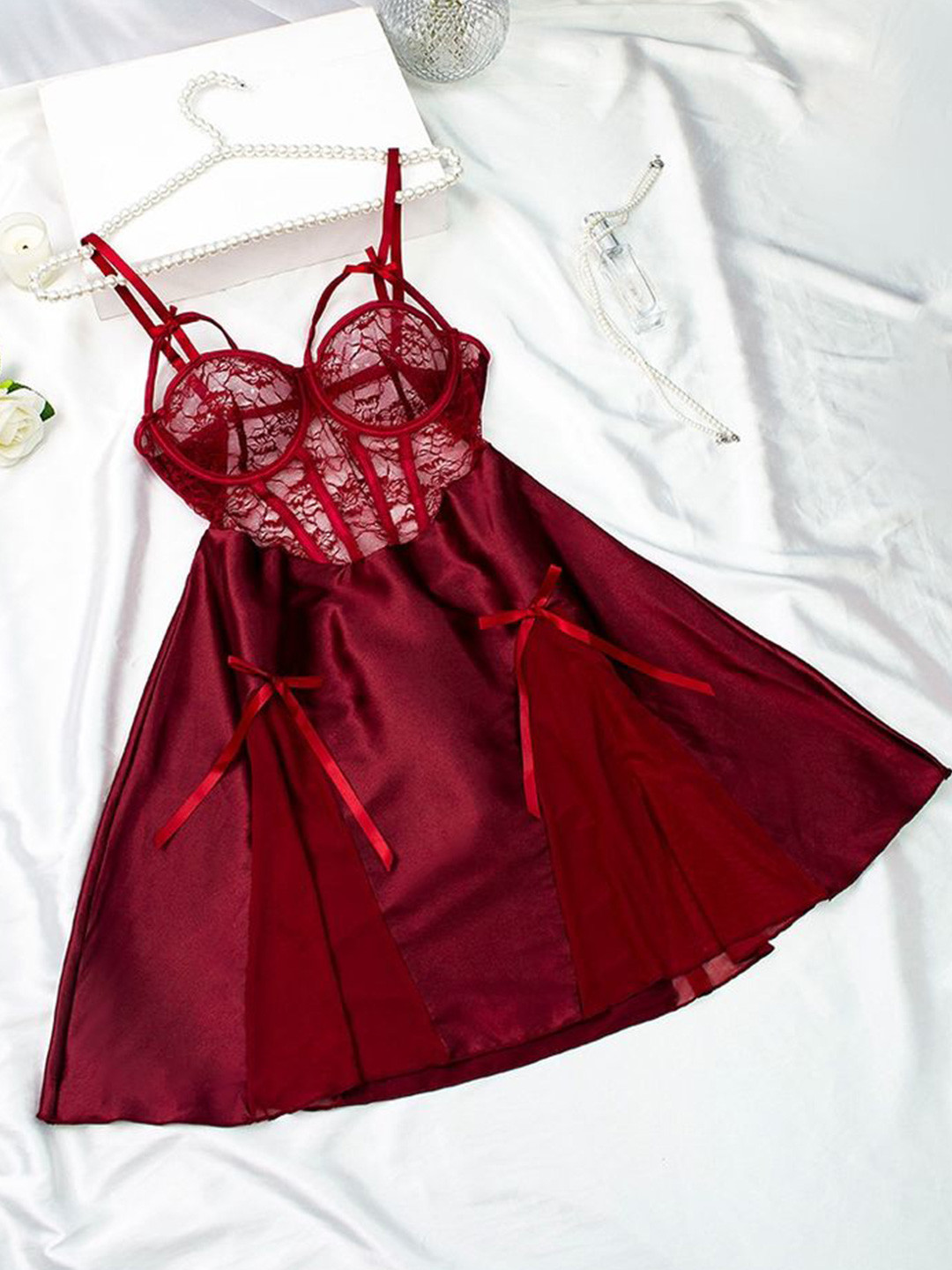 

LULU & SKY Women Corsetry Nightwear Dress & Thong Briefs, Burgundy