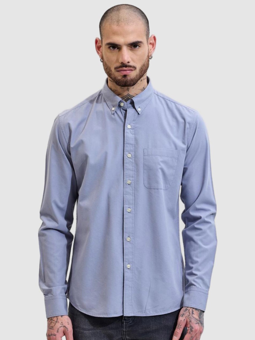 

Snitch Men Smart Slim Fit Button-Down Collar Solid Cotton Casual Shirt, Blue