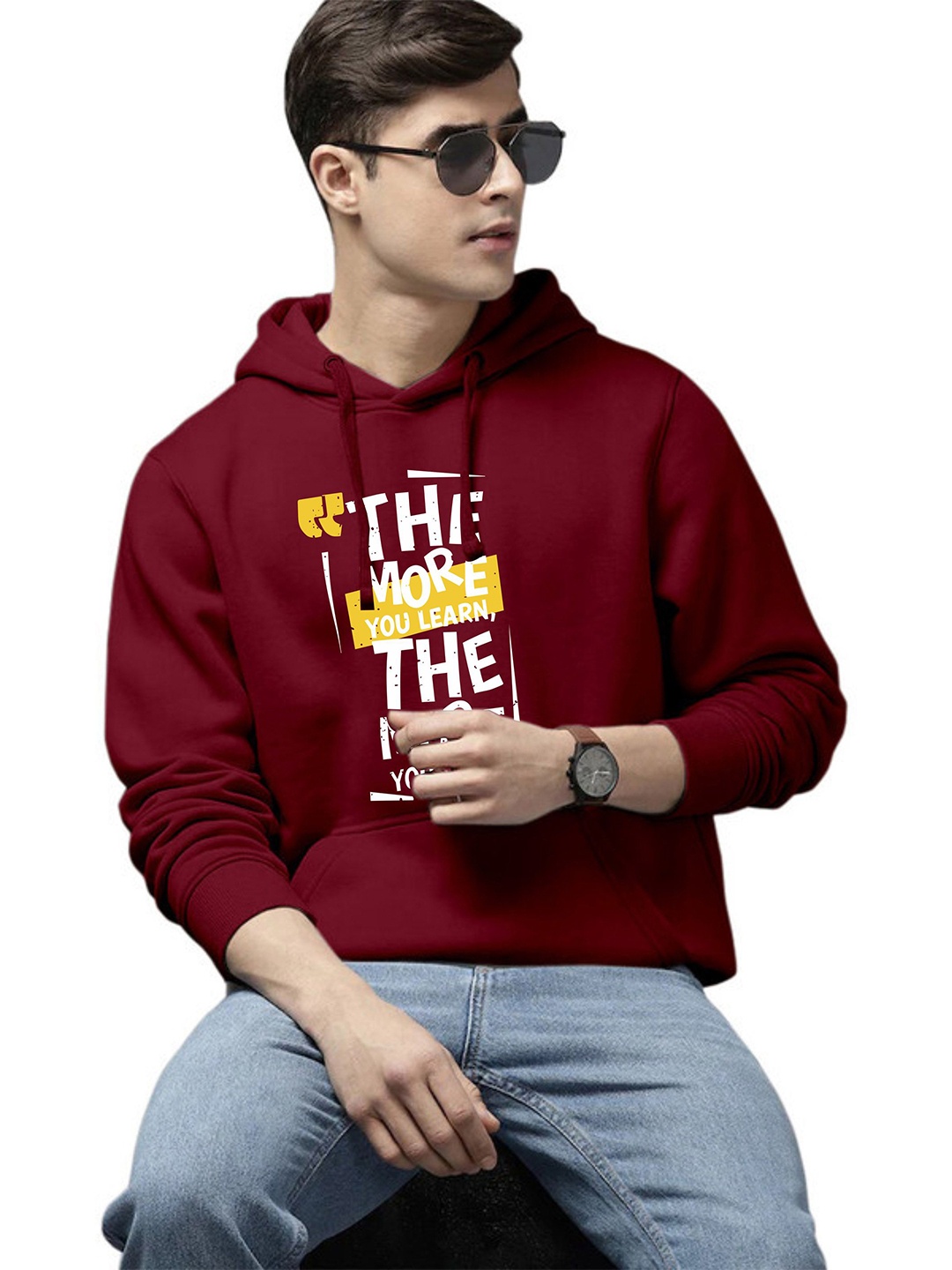 

WOOSTRO Men Printed Hooded Sweatshirt, Maroon