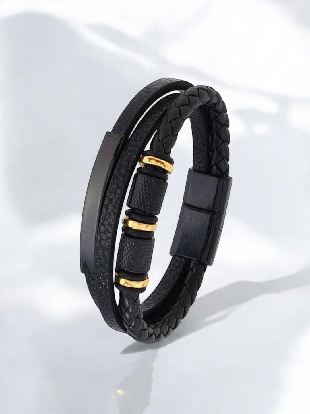 

Designs & You Men Leather Gold-Plated Multi Layered Wraparound Bracelet, Black