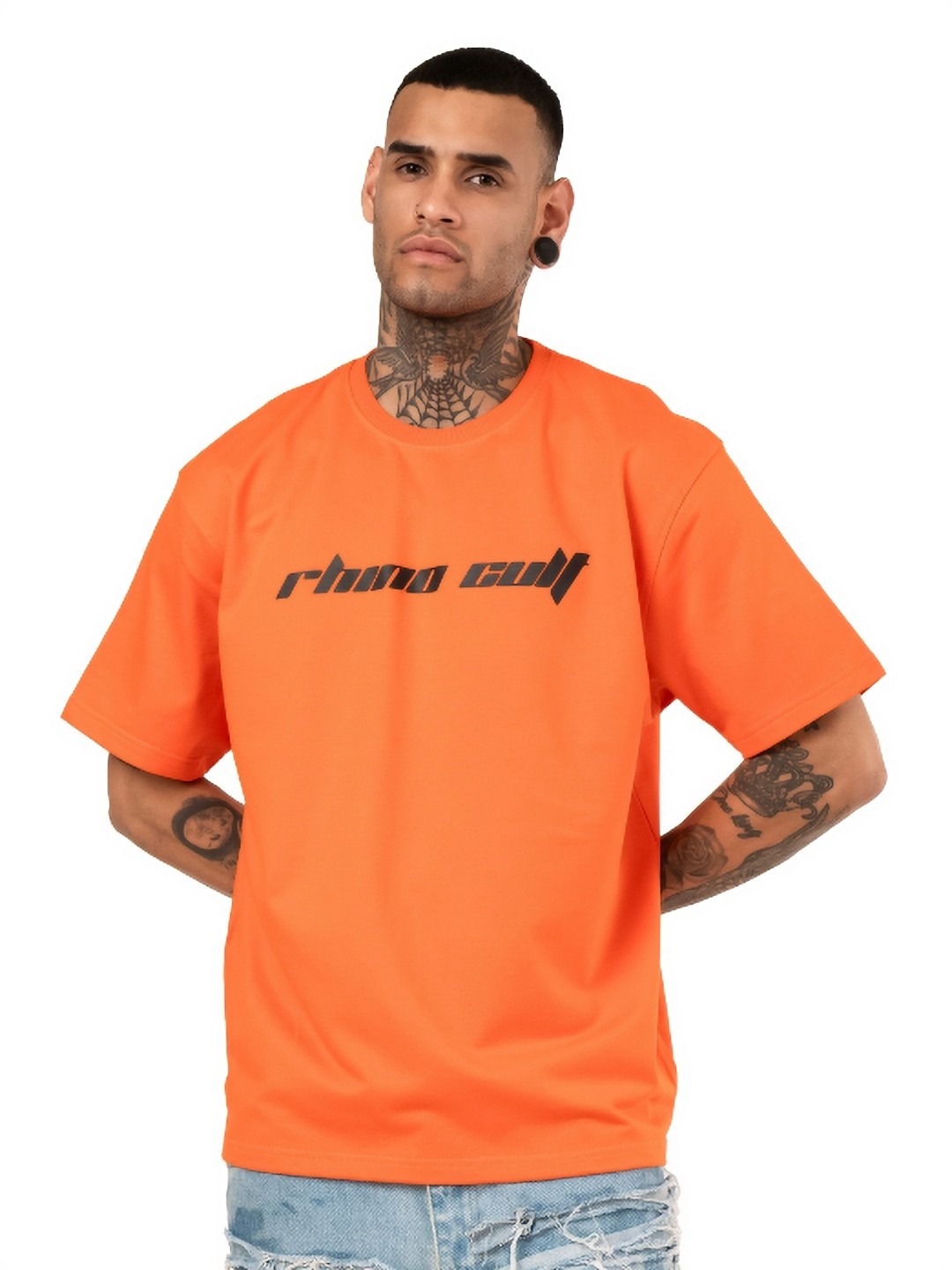 

RHINO CULT Men Typography Printed Round Neck Cotton Oversized T-shirt, Orange