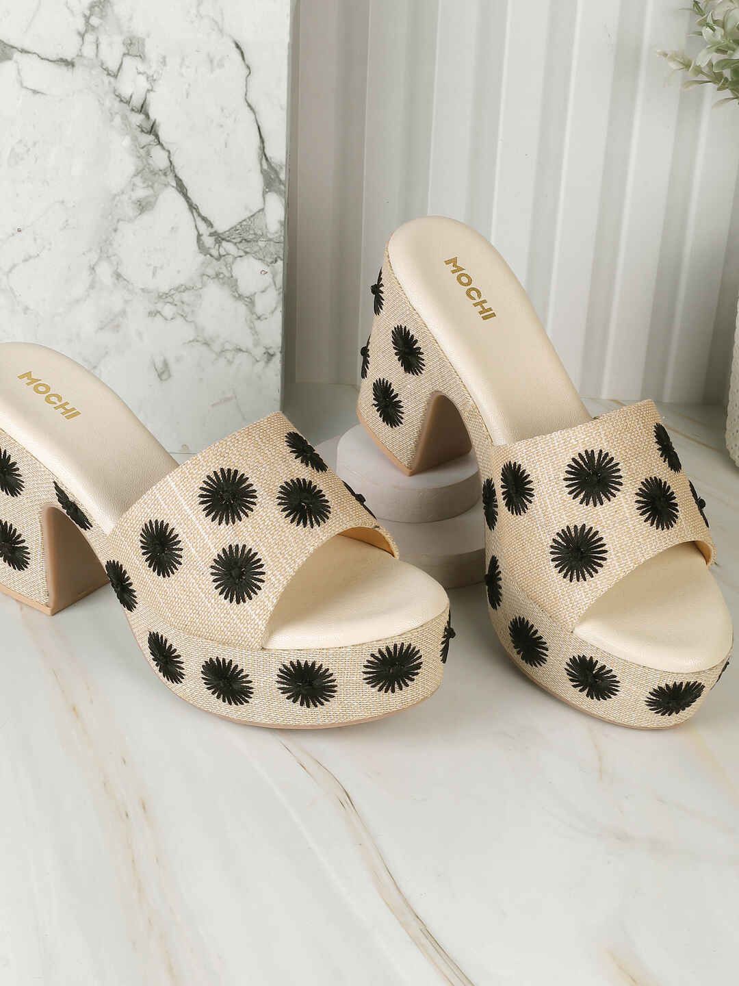 

Mochi Striped Block Mules, Beige