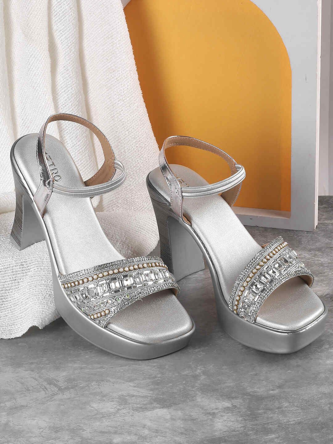 

Metro Women Embellished Open Toe Block Heel Sandals, Silver