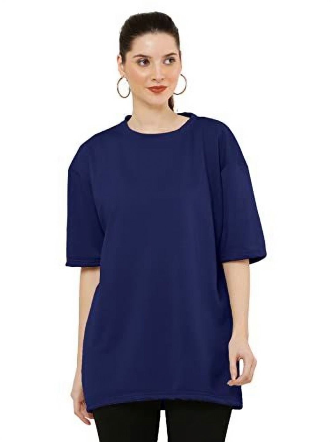 

NOTWILD Women Solid Round Neck Cotton Oversized T-shirt, Navy blue