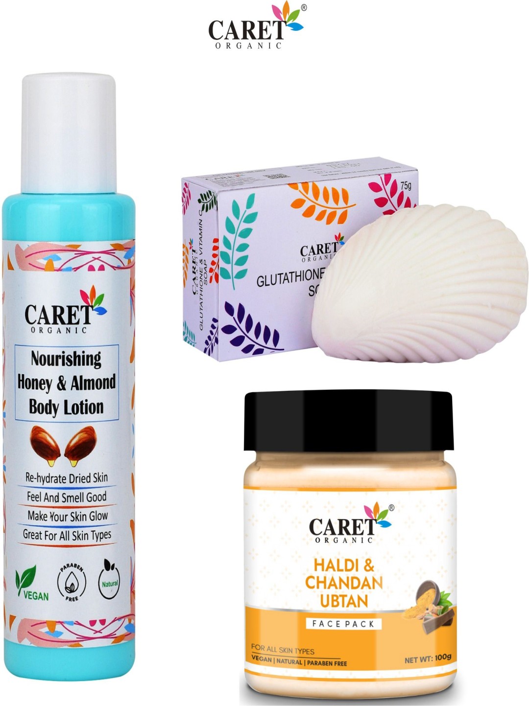 

CARET ORGANIC Set Of 3 Honey & Almond Body Lotion, Gluthathione Soap & Ubtan Face Pack, Multi