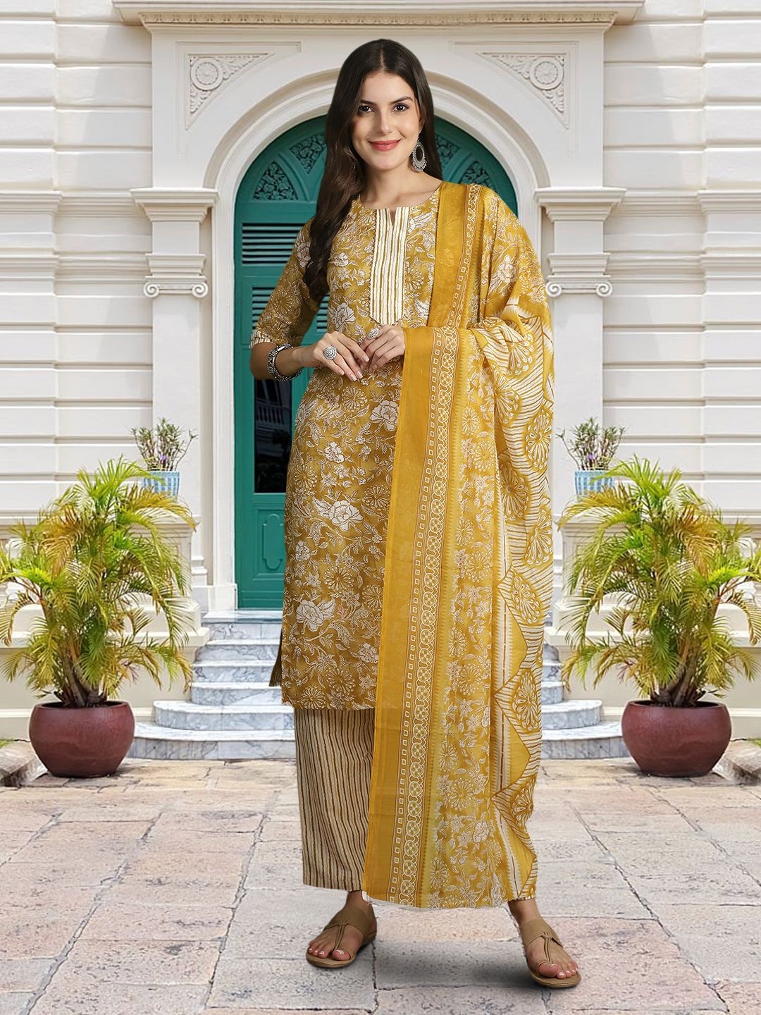 

Moda Rapido Floral Printed Notch Neck Gotta Patti Straight Kurta With Trouser And Dupatta, Yellow