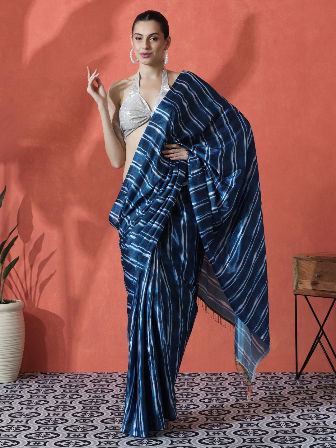 

Sangria Ready to wear Satin Striped Digital Printed Saree, Blue