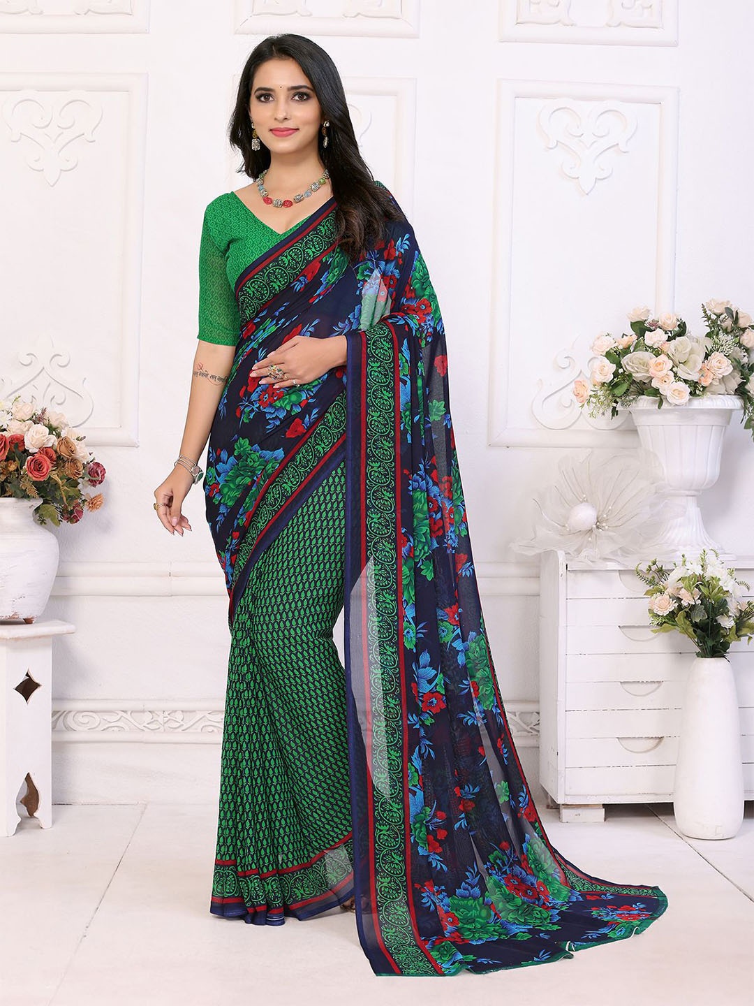 

Moda Rapido Women Floral Printed Saree With Blouse Piece, Green
