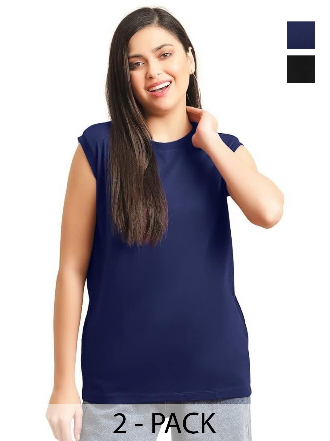 

NOTWILD Women Pack Of 2 Solid Round Neck Cotton T-shirts, Navy blue