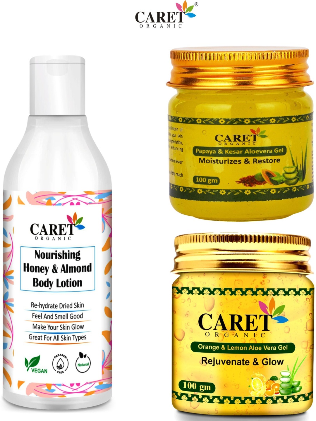 

CARET ORGANIC Set Of 3 Almond Body Lotion- 250 ml- Lemon Gel- 100 g & Papaya Gel- 100 g, Multi