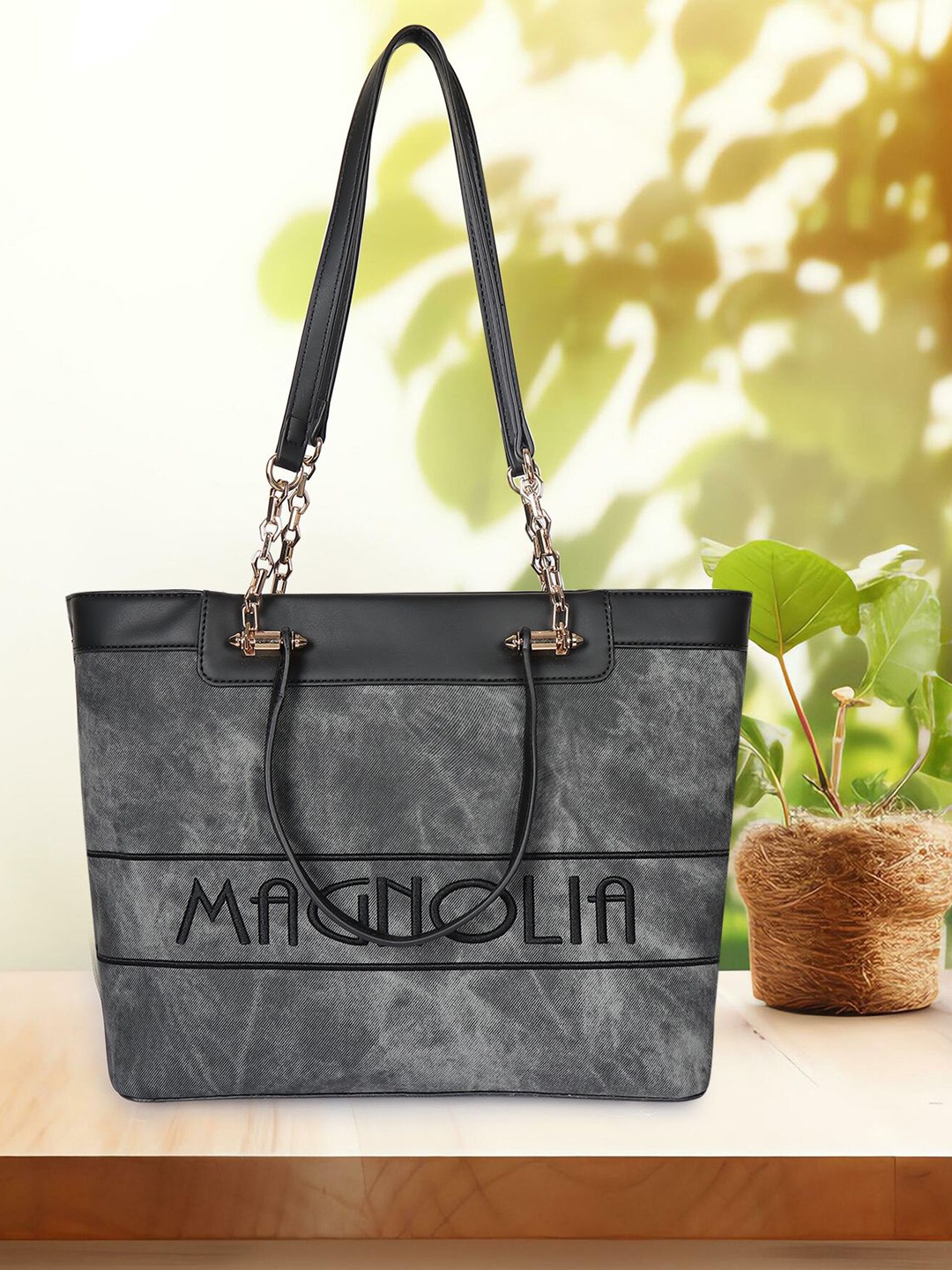 

MAGNOLIA Printed PU Structured Tote Bag, Black