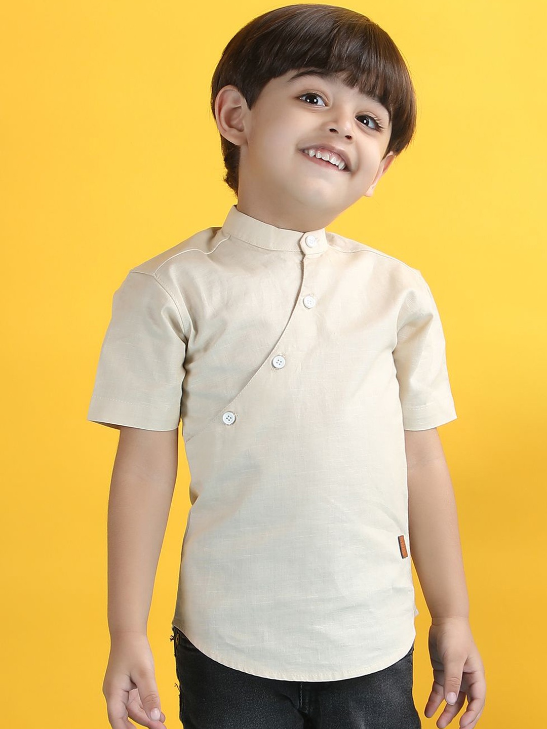 

Polka Tots Boys Band Collar Short Sleeves Cotton Straight Kurta, Cream