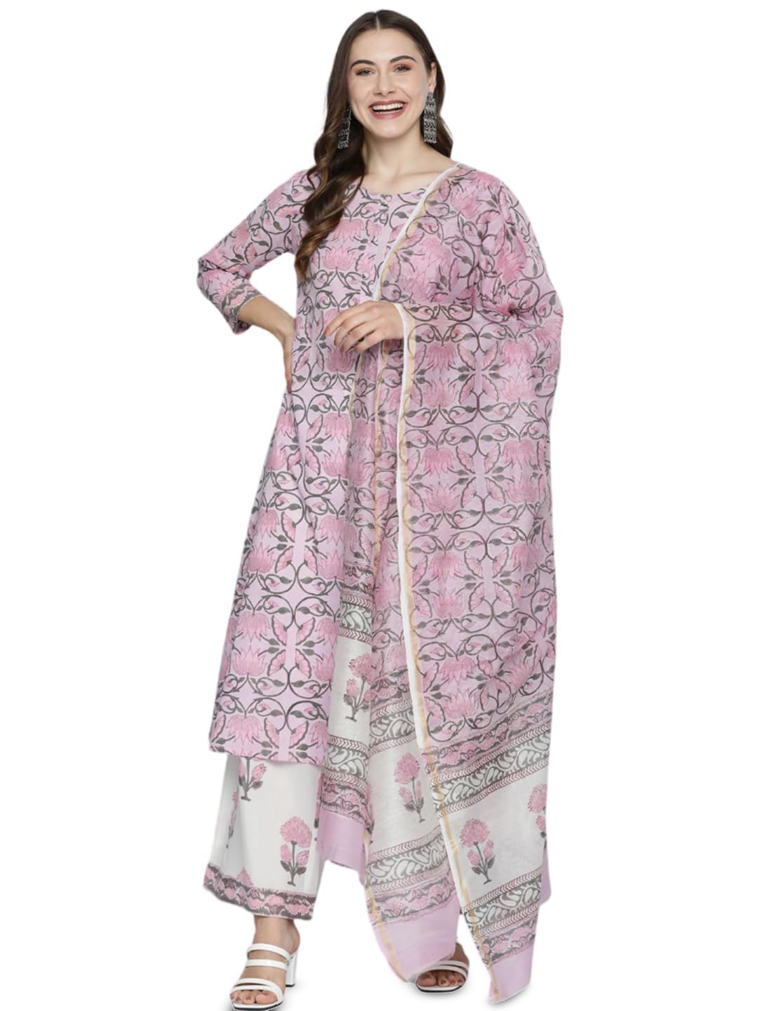 

13-Star Floral Printed Round Neck Pure Cotton Straight Kurta With Trousers & Dupatta, Pink