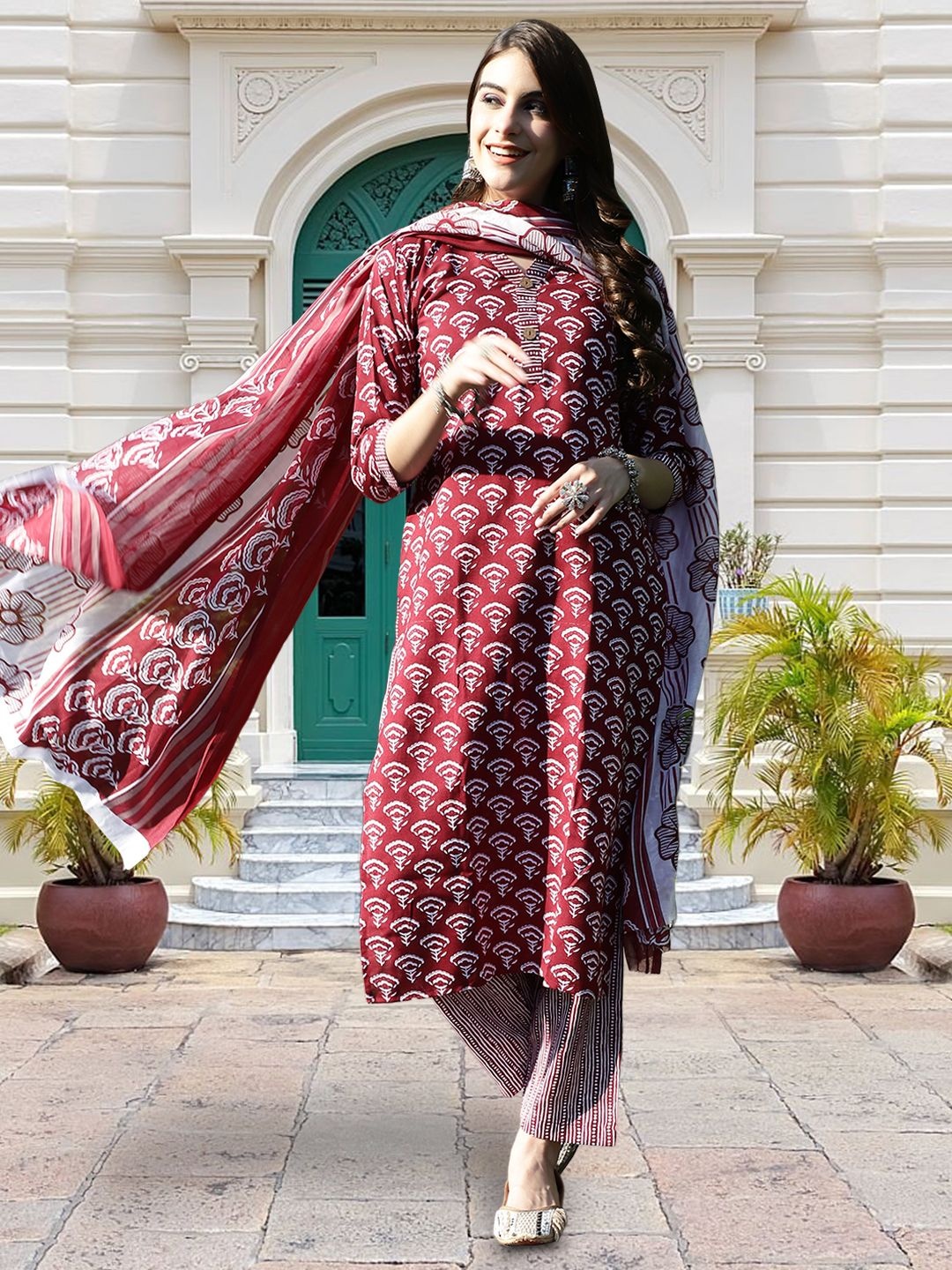

Moda Rapido Floral Printed V-Neck Straight Kurta With Trousers And Dupatta, Maroon