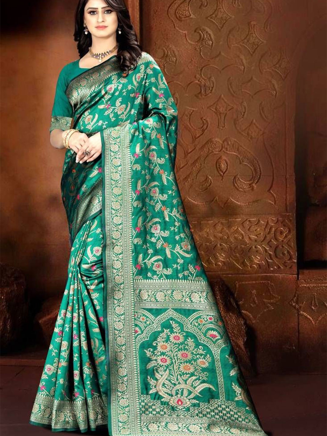 

F FASHION Woven Design Zari Banarasi Saree, Sea green