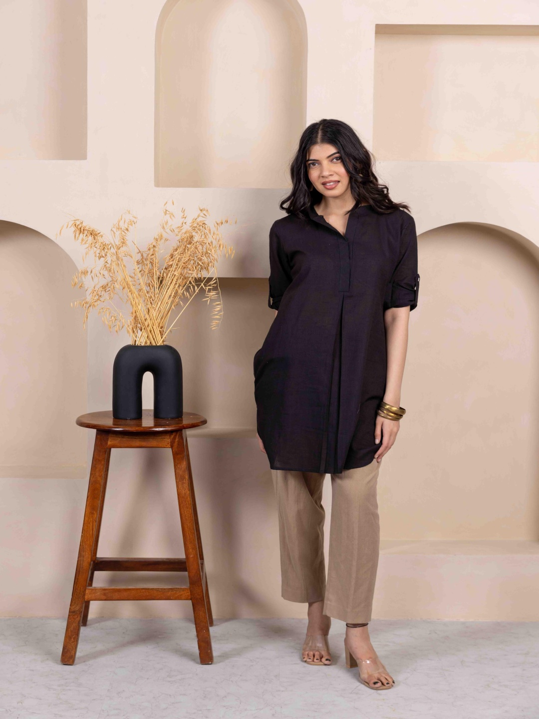 

INAAYA JAIPUR Mandarin Collar Pleated Pure Cotton A-Line Kurti, Black