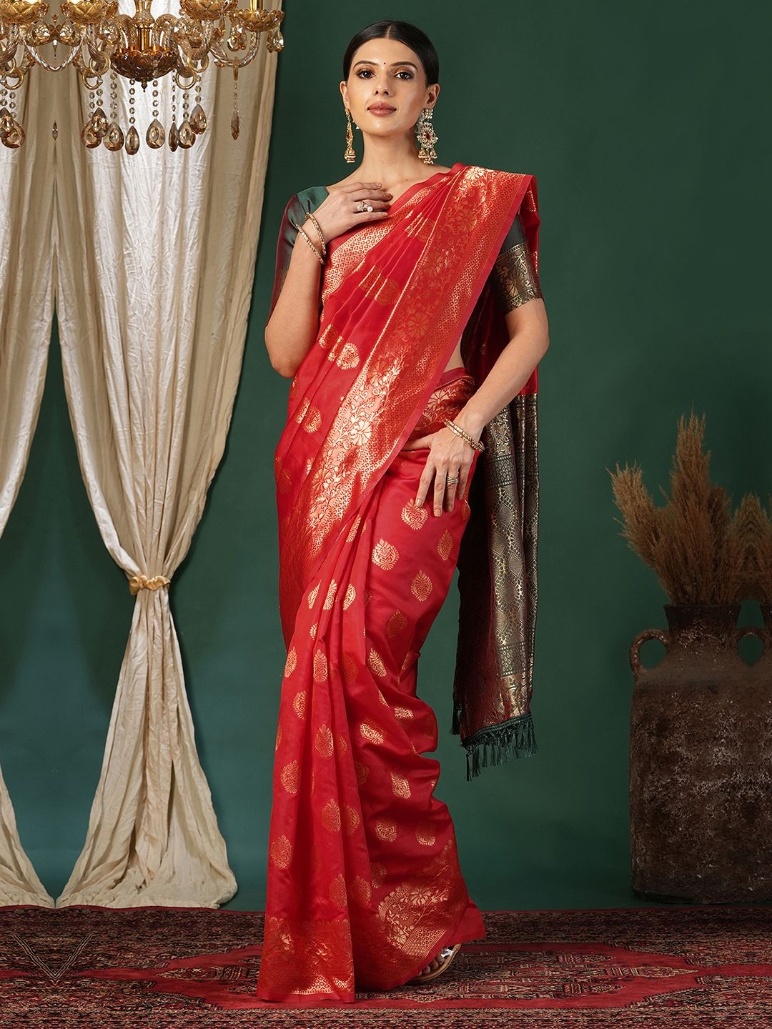 

KALINI Ethnic Motifs Zari Silk Blend Banarasi Saree, Red