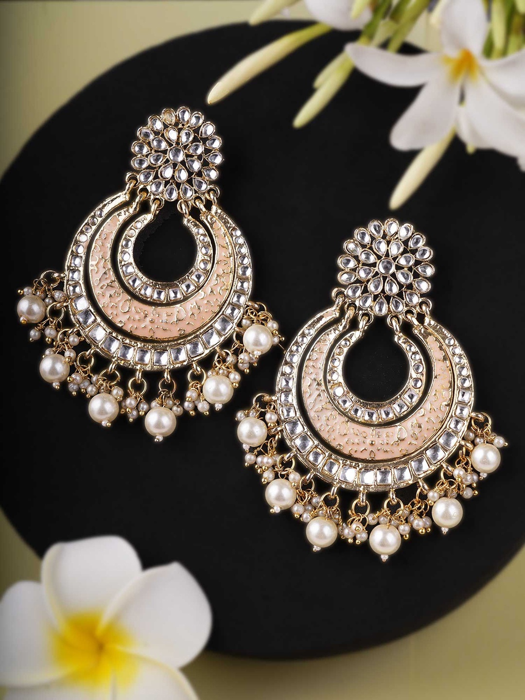 

Adwitiya 24K Gold-Plated Artificial Stones Studded And Beaded Crescent Drop Earrings