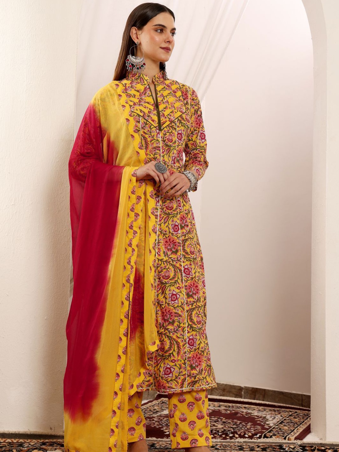 

Lative Colours of Fashion Floral Printed A-Line Pure Cotton Kurta With Trousers & Dupatta, Yellow